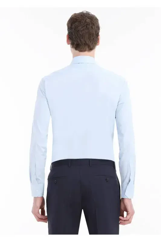 Moviy tekis torli Slim Fit klassik paxta aralash ko'ylak. - 5