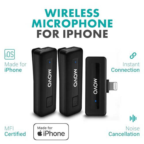 Movo Wireless Mini DI Duo iPhone Microphone for Video Recording - Wireless Microphone for iPhone with Clip on Lavalier Microphone for iPhone 10 HR Battery 164FT Range, Wireless Mic for iPhone, Black - 2