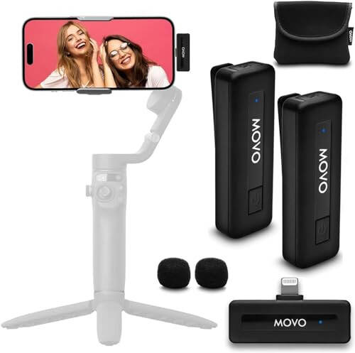 Movo Wireless Mini DI Duo iPhone Microphone for Video Recording - Wireless Microphone for iPhone with Clip on Lavalier Microphone for iPhone 10 HR Battery 164FT Range, Wireless Mic for iPhone, Black - 1