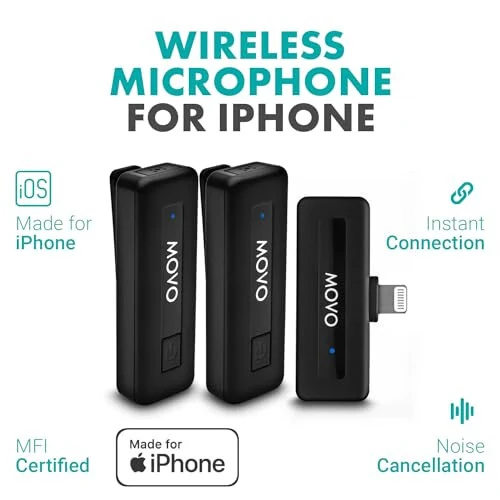 Movo Wireless Mini DI Duo iPhone Microphone for Video Recording - Wireless Microphone for iPhone with Clip on Lavalier Microphone for iPhone 10 HR Battery 164FT Range, Wireless Mic for iPhone, Black - Movo (1)