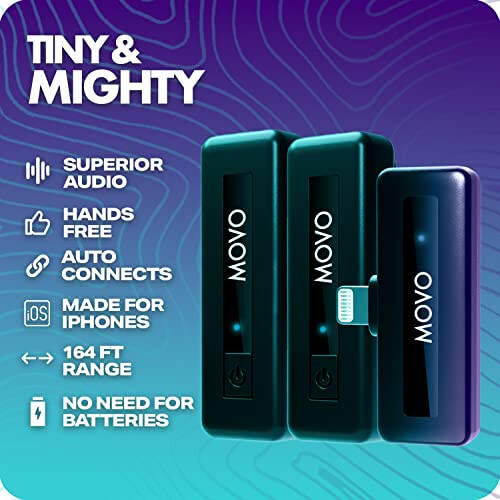 Movo Wireless Mini DI Duo iPhone Microphone for Video Recording - Wireless Microphone for iPhone with Clip on Lavalier Microphone for iPhone 10 HR Battery 164FT Range, Wireless Mic for iPhone, Black - 4