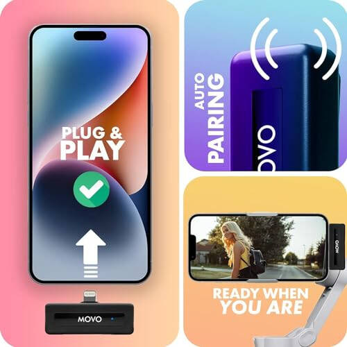 Movo Wireless Mini DI Duo iPhone Microphone for Video Recording - Wireless Microphone for iPhone with Clip on Lavalier Microphone for iPhone 10 HR Battery 164FT Range, Wireless Mic for iPhone, Black - 6