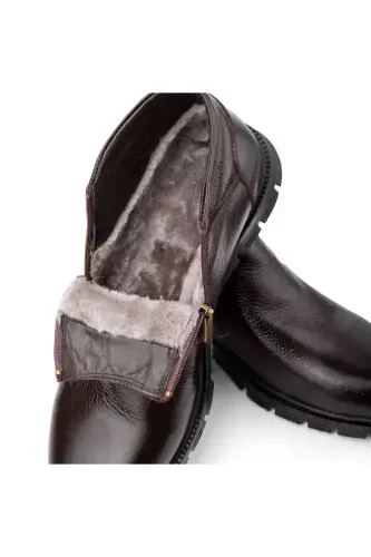 Moyna Genuine Leather Rubber Sole Men's Fur Boots, Fur Lined Boots-Brown - 3