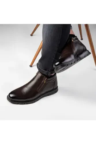 Moyna Genuine Leather Rubber Sole Men's Fur Boots, Fur Lined Boots-Brown - 4