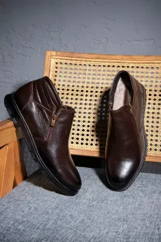 Moyna Genuine Leather Rubber Sole Men's Fur Boots, Fur Lined Boots-Brown - 6