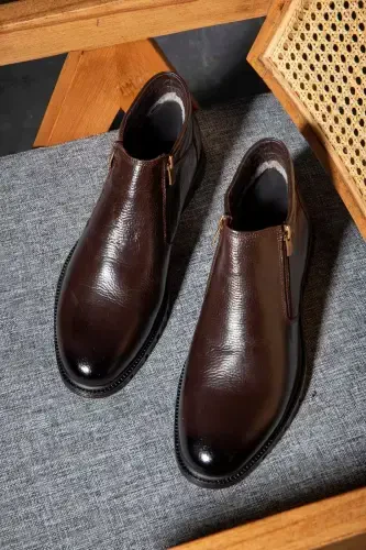 Moyna Genuine Leather Rubber Sole Men's Fur Boots, Fur Lined Boots-Brown - 7