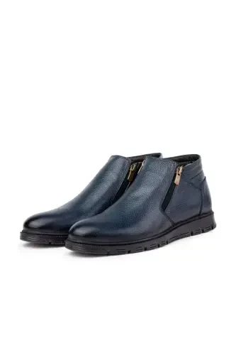 Moyna Genuine Leather Rubber Sole Men's Fur Boots, Fur Lined Boots-Navy Blue - 1
