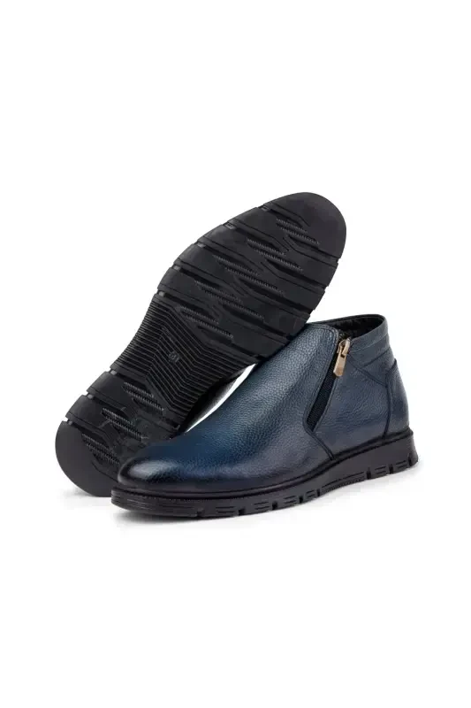 Moyna Genuine Leather Rubber Sole Men's Fur Boots, Fur Lined Boots-Navy Blue - 2