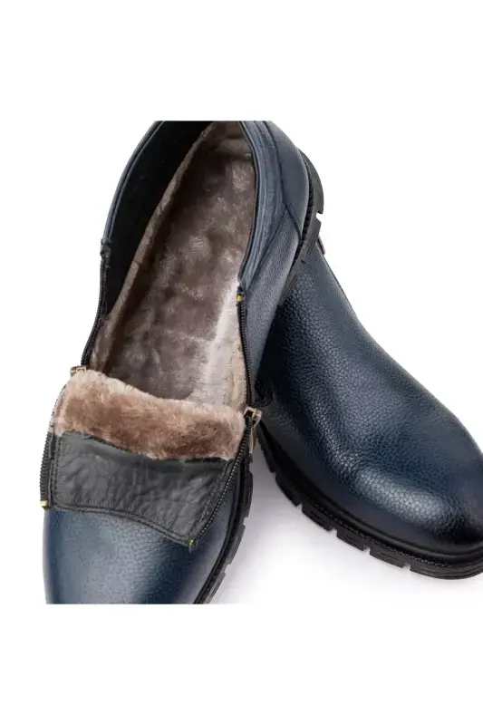 Moyna Genuine Leather Rubber Sole Men's Fur Boots, Fur Lined Boots-Navy Blue - 3