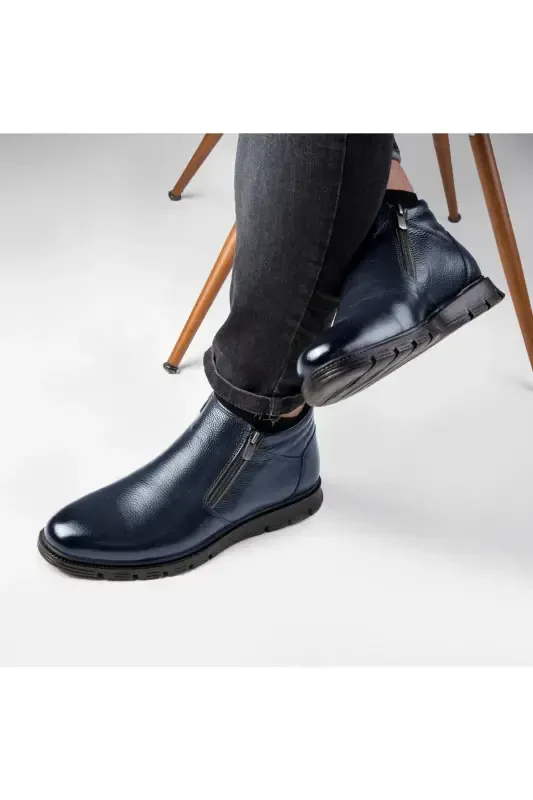 Moyna Genuine Leather Rubber Sole Men's Fur Boots, Fur Lined Boots-Navy Blue - 4