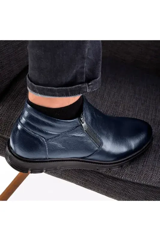 Moyna Genuine Leather Rubber Sole Men's Fur Boots, Fur Lined Boots-Navy Blue - 5