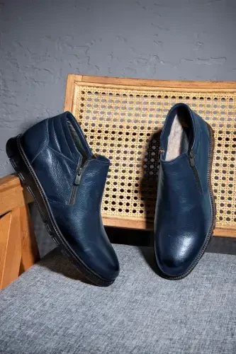 Moyna Genuine Leather Rubber Sole Men's Fur Boots, Fur Lined Boots-Navy Blue - 6
