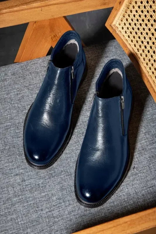 Moyna Genuine Leather Rubber Sole Men's Fur Boots, Fur Lined Boots-Navy Blue - 7