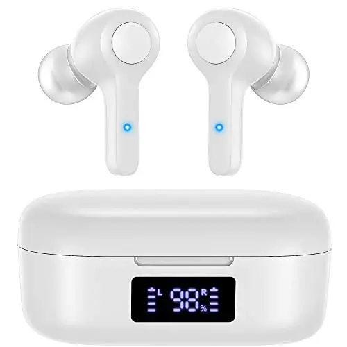 MOZOTER Bluetooth 5.3 simsiz quloqchinlar, chuqur bas baland ovozli aniq qo'ng'iroq shovqinni bekor qiluvchi 4 mikrofonli quloq ichidagi simsiz zaryadlash qutisi iPhone Android, ish uchun mos-oq 