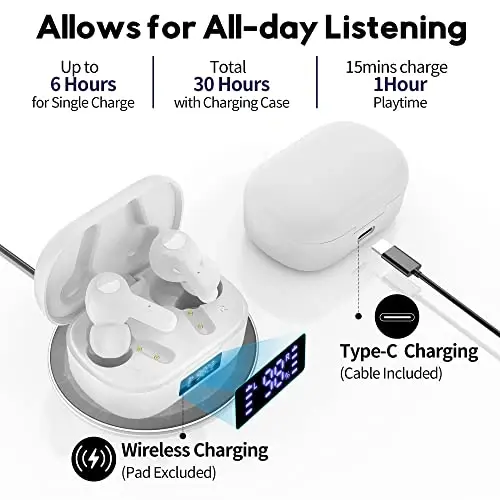 MOZOTER Bluetooth 5.3 simsiz quloqchinlar, chuqur bas baland ovozli aniq qo'ng'iroq shovqinni bekor qiluvchi 4 mikrofonli quloq ichidagi simsiz zaryadlash qutisi iPhone Android, ish uchun mos-oq - 2