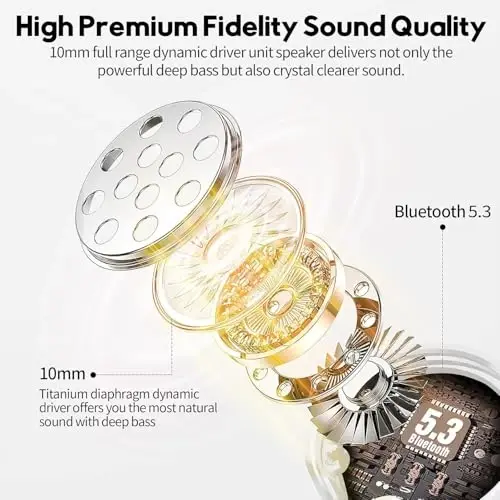 MOZOTER Bluetooth 5.3 simsiz quloqchinlar, chuqur bas baland ovozli aniq qo'ng'iroq shovqinni bekor qiluvchi 4 mikrofonli quloq ichidagi simsiz zaryadlash qutisi iPhone Android, ish uchun mos-oq - 5