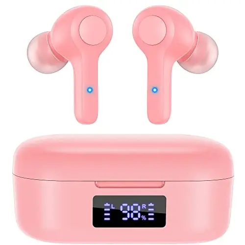 MOZOTER Bluetooth 5.3 simsiz quloqchinlar, chuqur bas baland ovozli tiniq qo'ng'iroq shovqinni bekor qilish 4 mikrofonli quloq ichidagi quloqchinlar simsiz zaryadlash qutisi bilan iPhone Android, ish uchun mos -Pushti01 - 1