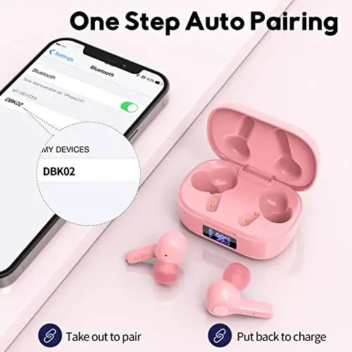 MOZOTER Bluetooth 5.3 simsiz quloqchinlar, chuqur bas baland ovozli tiniq qo'ng'iroq shovqinni bekor qilish 4 mikrofonli quloq ichidagi quloqchinlar simsiz zaryadlash qutisi bilan iPhone Android, ish uchun mos -Pushti01 - 2