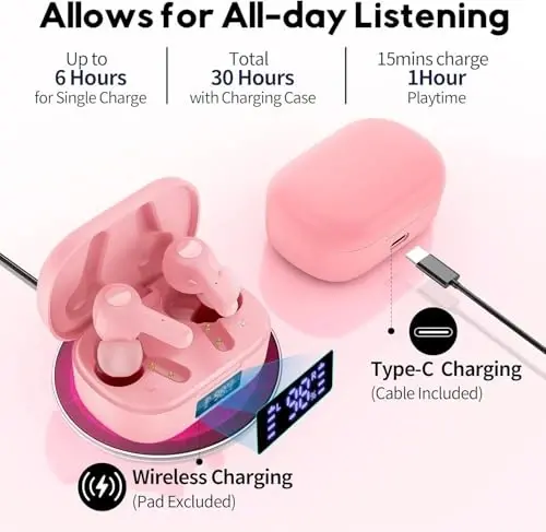 MOZOTER Bluetooth 5.3 simsiz quloqchinlar, chuqur bas baland ovozli tiniq qo'ng'iroq shovqinni bekor qilish 4 mikrofonli quloq ichidagi quloqchinlar simsiz zaryadlash qutisi bilan iPhone Android, ish uchun mos -Pushti01 - 4