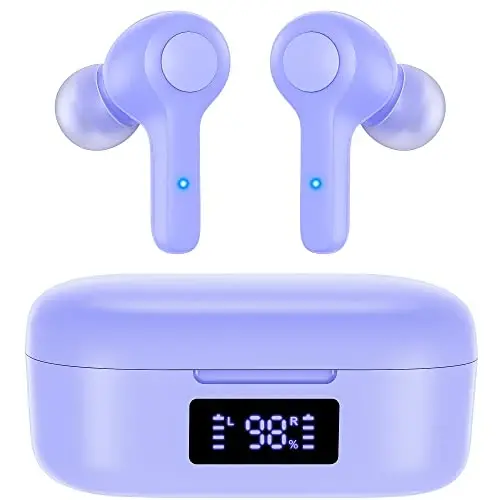 MOZOTER Bluetooth 5.3 Simsiz Quloqchinlar, Chuqur Bass Baland Ovoz Tiniq Qo'ng'iroq Mikrofonlar bilan shovqinni bekor qiluvchi Quloq ichidagi naushniklar iPhone Android uchun mos simsiz zaryadlash qutisi bilan, Ish-Binafsha - 1