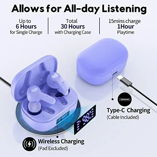 MOZOTER Bluetooth 5.3 Simsiz Quloqchinlar, Chuqur Bass Baland Ovoz Tiniq Qo'ng'iroq Mikrofonlar bilan shovqinni bekor qiluvchi Quloq ichidagi naushniklar iPhone Android uchun mos simsiz zaryadlash qutisi bilan, Ish-Binafsha - 2