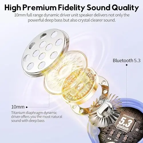 MOZOTER Bluetooth 5.3 Simsiz Quloqchinlar, Chuqur Bass Baland Ovoz Tiniq Qo'ng'iroq Mikrofonlar bilan shovqinni bekor qiluvchi Quloq ichidagi naushniklar iPhone Android uchun mos simsiz zaryadlash qutisi bilan, Ish-Binafsha - 4