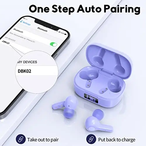 MOZOTER Bluetooth 5.3 Simsiz Quloqchinlar, Chuqur Bass Baland Ovoz Tiniq Qo'ng'iroq Mikrofonlar bilan shovqinni bekor qiluvchi Quloq ichidagi naushniklar iPhone Android uchun mos simsiz zaryadlash qutisi bilan, Ish-Binafsha - 5