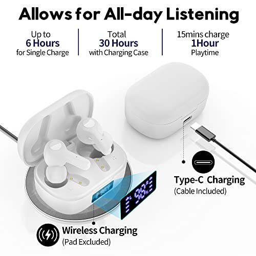 MOZOTER Bluetooth 5.3 Wireless Earbuds, Deep Bass Loud Sound Clear Call Noise Cancelling with 4 Microphones in-Ear Headphones with Wireless Charging Case Compatible for iPhone Android, Workout-White - 3