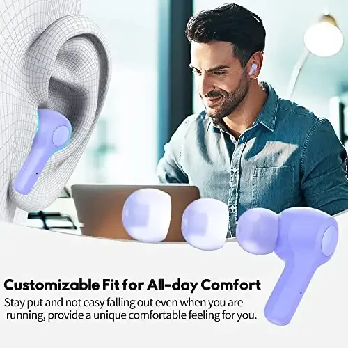 MOZOTER Bluetooth 5.3 Wireless Earbuds,Deep Bass Loud Sound Clear Call Noise Cancelling with Microphones in-Ear Headphones with Wireless Charging Case Compatible for iPhone Android,Work-Purple - 6