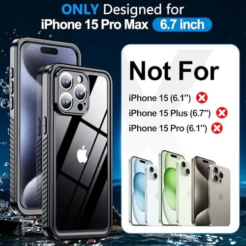 MOZOTER для чехла iPhone 15 Pro Max Водонепроницаемый,[IPX8 подводный чехол][Противоударный по всему корпусу и военный с защитой от падения] Чистое качество звука Встроенная защитная пленка для iPhone 15 Pro Max 6,7 дюйма - черный - 2