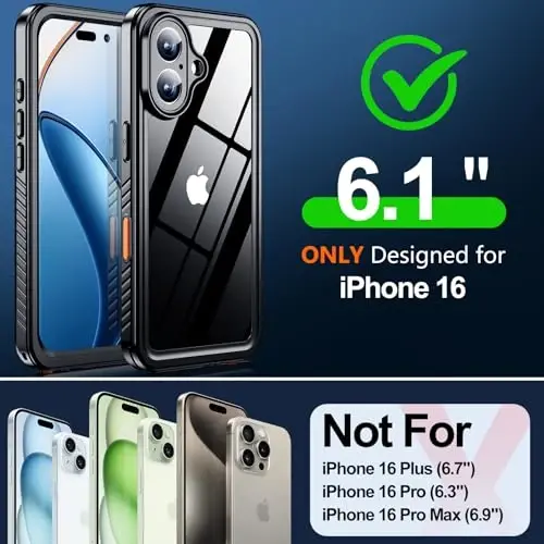 MOZOTER for iPhone 16 Case Waterproof, [IPX8 Underwater Case][Full Body Shockproof & Military Dropproof] Clear Sound Quality Built-in Screen Protector for iPhone 16 6.1 inch-Black - MOZOTER (1)
