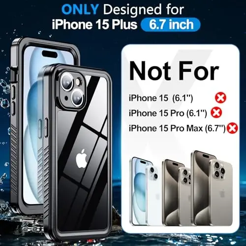 MOZOTER iPhone 15 Plus uchun suv o‘tkazmaydigan g‘ilof, [IPX8 suv osti g‘ilofi] [To‘liq korpusli zarbga chidamli va harbiy tomchiga chidamli] iPhone 15 Plus 6,7 dyuym uchun o‘rnatilgan ekran himoyachisi bilan tiniq ovoz sifati - qora - MOZOTER (1)