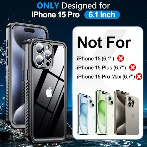 MOZOTER iPhone 15 Pro uchun suv o'tkazmaydigan g'ilof, [IPX8 suv osti g'ilofi] [To'liq korpus zarbga chidamli va harbiy tomchiga chidamli] iPhone 15 Pro 6.1 dyuym uchun o'rnatilgan ekran himoyachisi-qora rang - 2