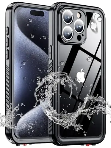 MOZOTER iPhone 15 Pro uchun suv o'tkazmaydigan g'ilof, [IPX8 suv osti g'ilofi] [To'liq korpus zarbga chidamli va harbiy tomchiga chidamli] iPhone 15 Pro 6.1 dyuym uchun o'rnatilgan ekran himoyachisi-qora rang - MOZOTER