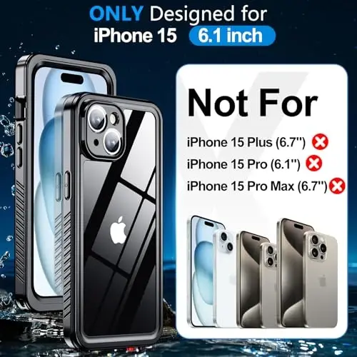 MOZOTER iPhone 15 uchun suv o'tkazmaydigan g'ilof, [IPX8 suv osti g'ilofi] [To'liq korpus zarbga chidamli va harbiy tomchiga chidamli] iPhone 15 6.1 dyuym uchun o'rnatilgan ekran himoyachisi-Qora - 2