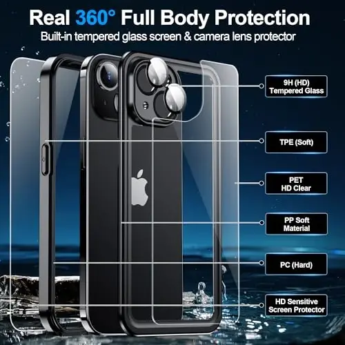 MOZOTER iPhone 15 uchun suv o'tkazmaydigan g'ilof, [IPX8 suv osti g'ilofi] [To'liq korpus zarbga chidamli va harbiy tomchiga chidamli] iPhone 15 6.1 dyuym uchun o'rnatilgan ekran himoyachisi-Qora - 3