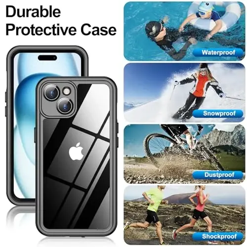 MOZOTER iPhone 15 uchun suv o'tkazmaydigan g'ilof, [IPX8 suv osti g'ilofi] [To'liq korpus zarbga chidamli va harbiy tomchiga chidamli] iPhone 15 6.1 dyuym uchun o'rnatilgan ekran himoyachisi-Qora - 6