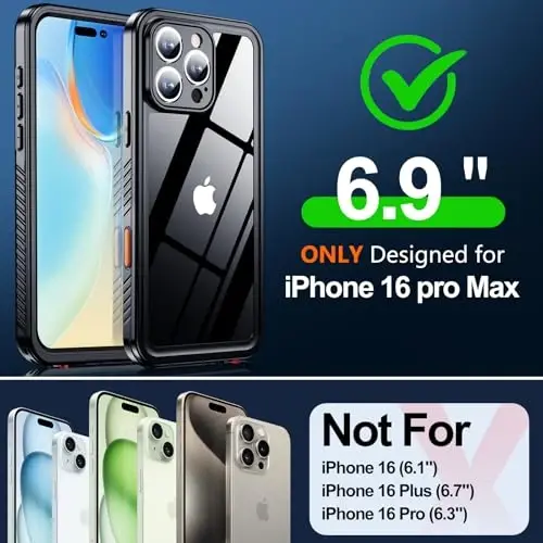 MOZOTER iPhone 16 Pro Max uchun suv o'tkazmaydigan g'ilof, [IPX8 suv osti g'ilofi] [To'liq korpus zarbga chidamli va harbiy himoyaga ega] iPhone 16 Pro Max 6.9 dyuym uchun o'rnatilgan ekran himoyachisi bilan tiniq ovoz sifati - Qora - MOZOTER (1)