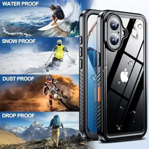 MOZOTER iPhone 16 uchun suv o'tkazmaydigan g'ilof, [IPX8 suv osti g'ilofi] [To'liq korpus zarbga chidamli va harbiy darajadagi] iPhone 16 6.1 dyuym uchun o'rnatilgan ekran himoyachisi bilan tiniq ovoz sifati - Qora - 6