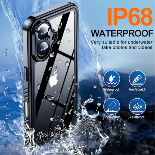 MOZOTER iPhone 17 uchun suv o'tkazmaydigan g'ilof,[IPX8 suv osti g'ilofi][To'liq korpus zarbga chidamli va harbiy tomchiga chidamli] iPhone 17 6,3 dyuym uchun o'rnatilgan ekran himoyachisi-Qora - 2