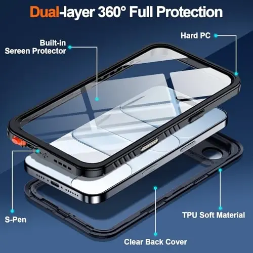 MOZOTER iPhone Air Case uchun suv o'tkazmaydigan, [IPX8 suv osti g'ilofi] [To'liq tanani zarbadan himoya qiluvchi va harbiy darajadagi zarba o'tkazmaydigan] iPhone Air 6.5 dyuym uchun o'rnatilgan ekran himoyachisi aniq ovoz sifati - qora - 3