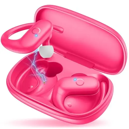 MOZOTER Wireless Earbuds Bluetooth 5.3 Headphones Sport,Over Ear Buds with Deep Bass Sound,60Hrs Playtime Earphones Redesigned Comfort Fit with Earhooks for Running,Meeting,Workout-Pink - 1