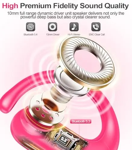 MOZOTER Wireless Earbuds Bluetooth 5.3 Headphones Sport,Over Ear Buds with Deep Bass Sound,60Hrs Playtime Earphones Redesigned Comfort Fit with Earhooks for Running,Meeting,Workout-Pink - 2