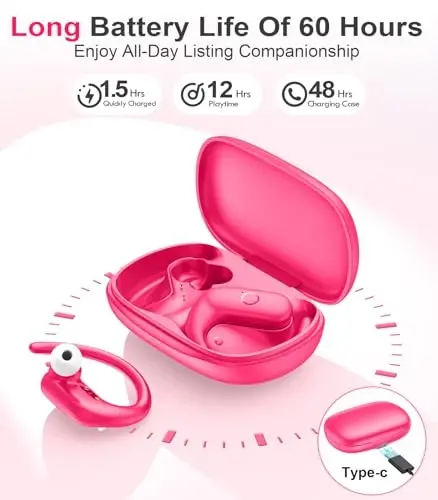 MOZOTER Wireless Earbuds Bluetooth 5.3 Headphones Sport,Over Ear Buds with Deep Bass Sound,60Hrs Playtime Earphones Redesigned Comfort Fit with Earhooks for Running,Meeting,Workout-Pink - 4