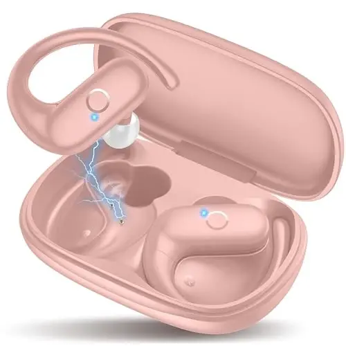 MOZOTER Wireless Earbuds Bluetooth Headphones Sport,Over Ear Buds with Deep Bass Sound,60Hrs Playtime Earphones Redesigned Comfort Fit with Earhooks for Running,Meeting,Workout- Pure Pink - 1