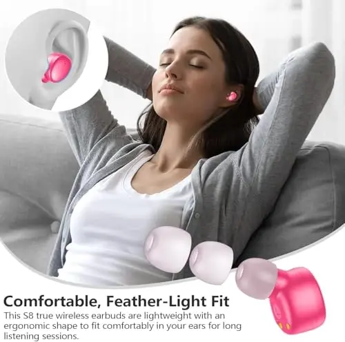 MOZOTER S8 Mini Wireless Earbuds Bluetooth 5.3 in Ear Light-Weight Headphones,60Hrs Playtime Ear Buds with Charging Case,Bluetooth Headsets,Premium Sound with Deep Bass for Sport-Barbiee Pink - 5
