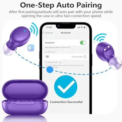MOZOTER S8 Mini Wireless Earbuds Bluetooth 5.3 in Ear Light-Weight Headphones,60Hrs Playtime Ear Buds with Charging Case,Bluetooth Headsets,Premium Sound with Deep Bass for Sport-Purple - MODAZONE (1)