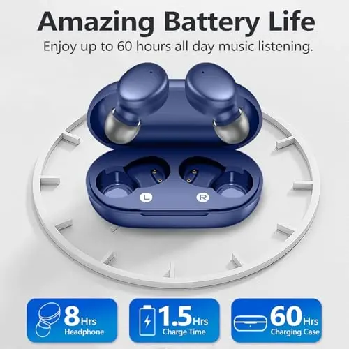 MOZOTER S8 Mini simsiz quloqchinlar Bluetooth 5.3 In Ear Light-Weight Headphones, 60 soatlik tinglash vaqti Zaryadlash qutisi bilan quloqchinlar, O'rnatilgan mikrofonli гарнитура, Sport uchun chuqur bass bilan Premium Sound-Blue - 10