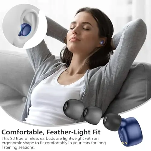 MOZOTER S8 Mini simsiz quloqchinlar Bluetooth 5.3 In Ear Light-Weight Headphones, 60 soatlik tinglash vaqti Zaryadlash qutisi bilan quloqchinlar, O'rnatilgan mikrofonli гарнитура, Sport uchun chuqur bass bilan Premium Sound-Blue - 11