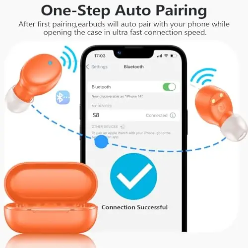 MOZOTER S8 Mini simsiz quloqchinlar Bluetooth 5.3 In Ear Light-Weight Headphones,60 soatlik o'yin vaqti zaryadlash qutisi bilan,Bluetooth гарнитура,Sport uchun chuqur bass bilan premium ovoz-Orange - 2